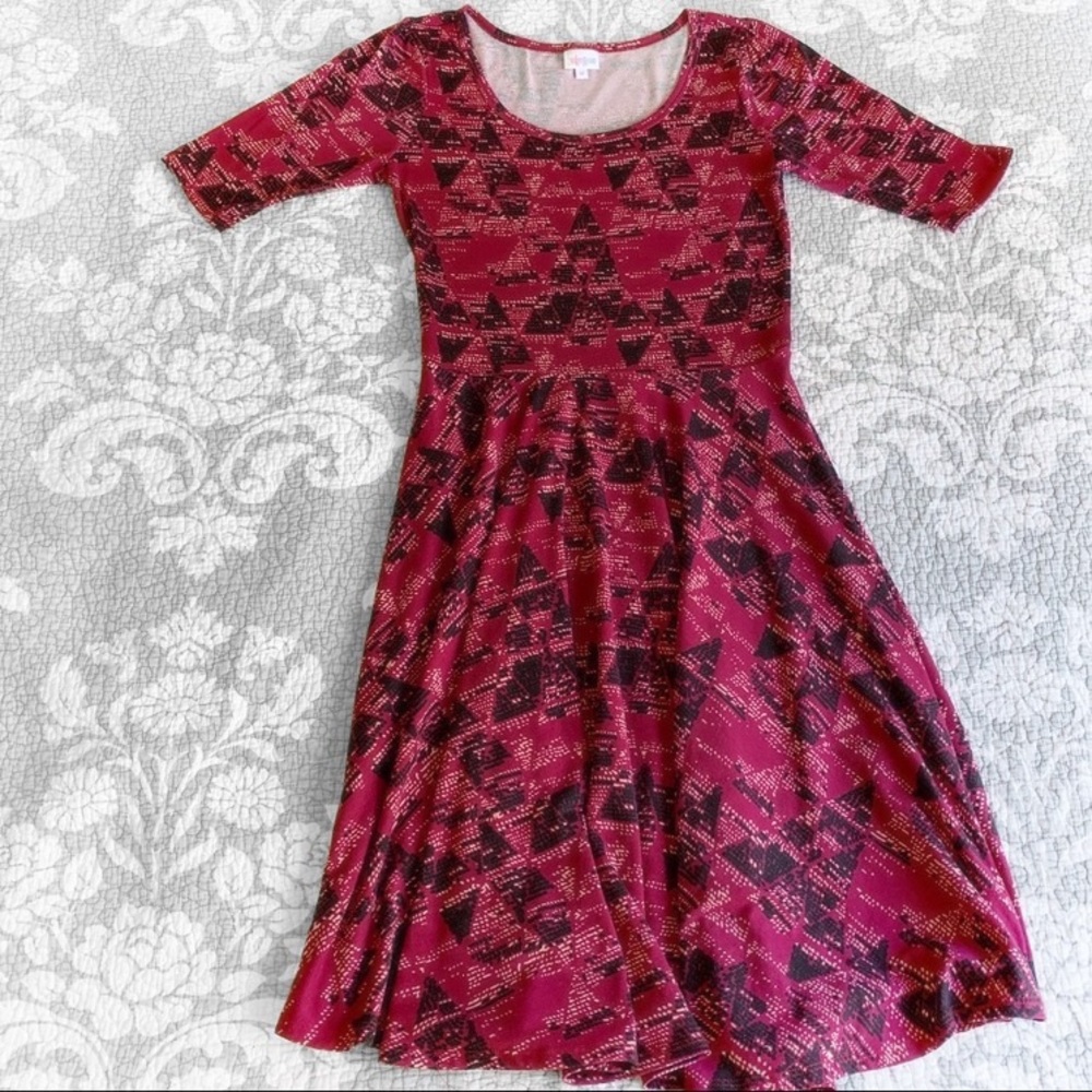 LuLaRoe Black Pink Geometric Nicole Midi Dress